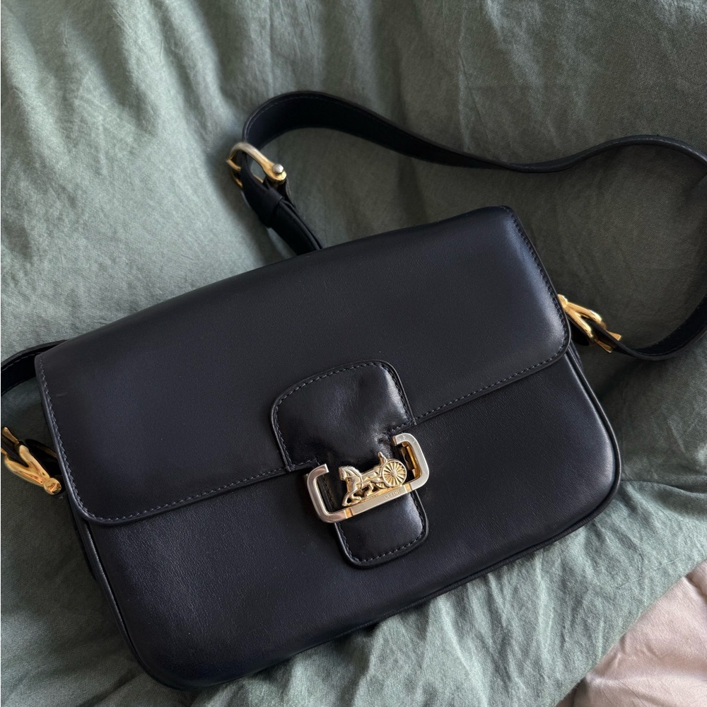 Vintage Celine Dark Navy Leather Horse Carriage Shoulder Bag